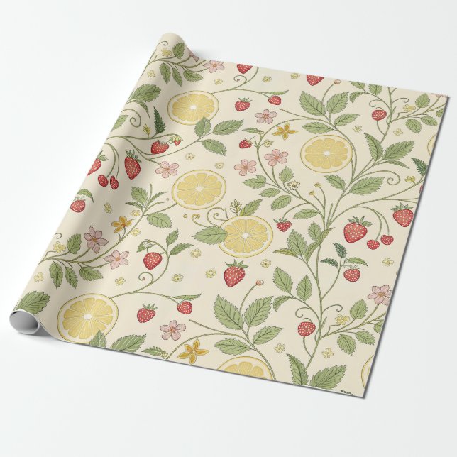Rustic Strawberry & Citrus Earthy Pattern (1) Wrapping Paper (Unrolled)