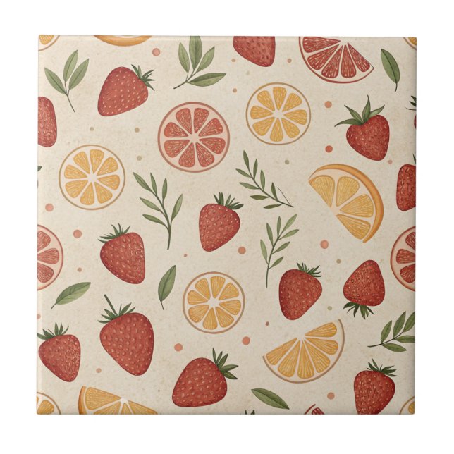 Rustic Strawberry & Citrus Earthy Pattern (2) Ceramic Tile (Front)