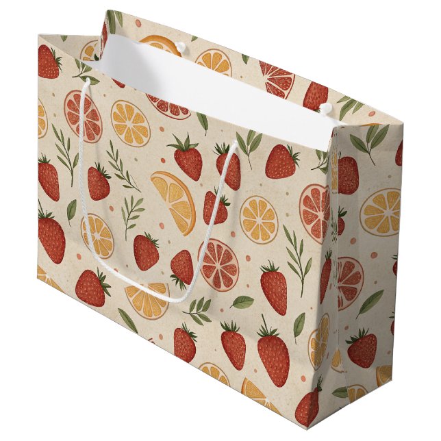 Rustic Strawberry & Citrus Earthy Pattern (2) Large Gift Bag (Front Angled)