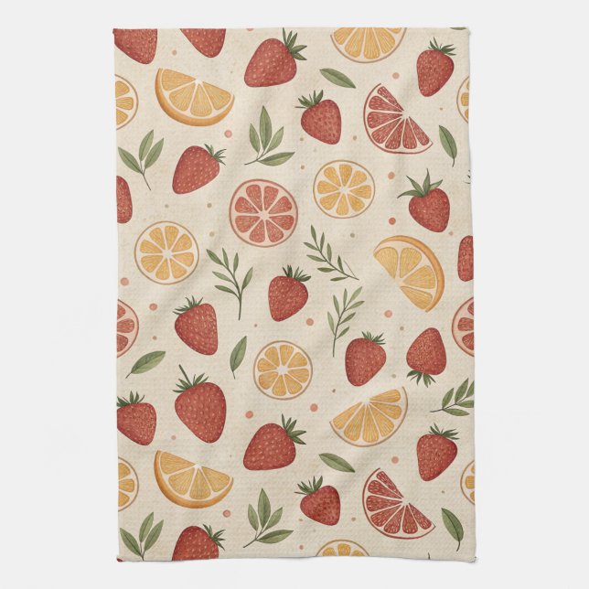 Rustic Strawberry & Citrus Earthy Pattern (2) Tea Towel (Vertical)