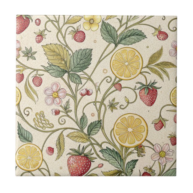 Rustic Strawberry & Citrus Earthy Pattern (3) Ceramic Tile (Front)