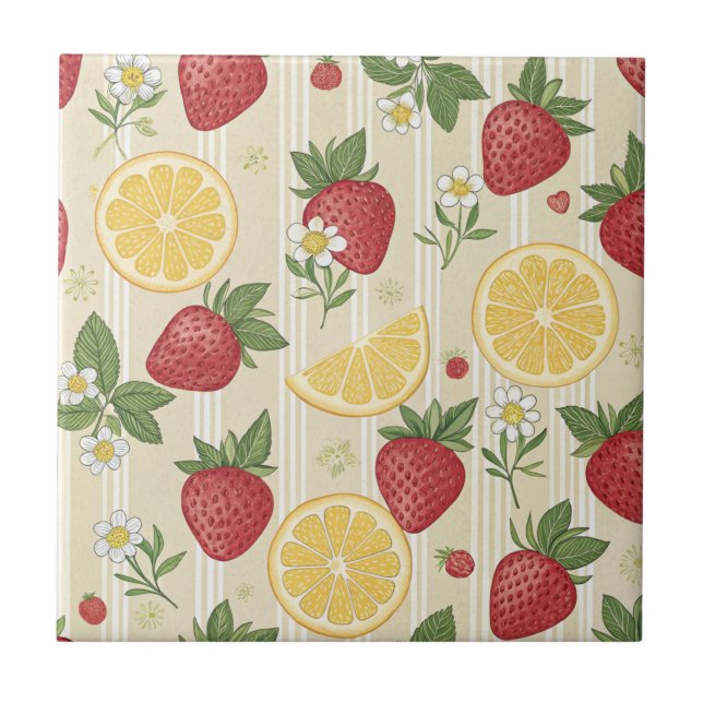 Rustic Strawberry & Citrus Earthy Pattern (4) Ceramic Tile (Front)