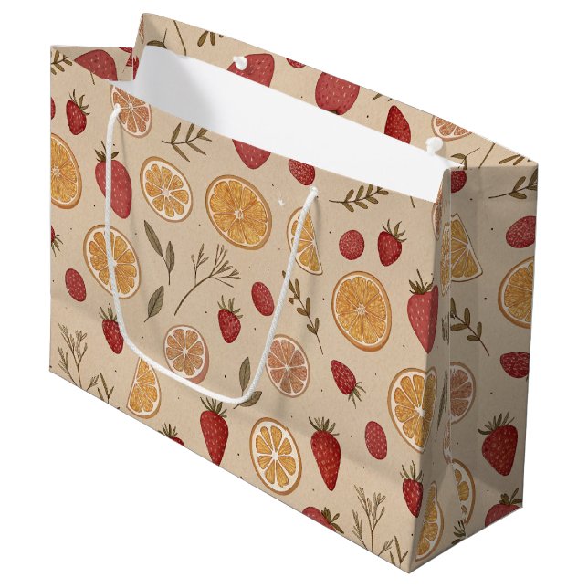 Rustic Strawberry & Citrus Earthy Pattern (5) Large Gift Bag (Front Angled)