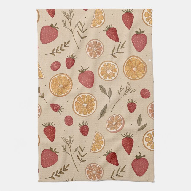 Rustic Strawberry & Citrus Earthy Pattern (5) Tea Towel (Vertical)
