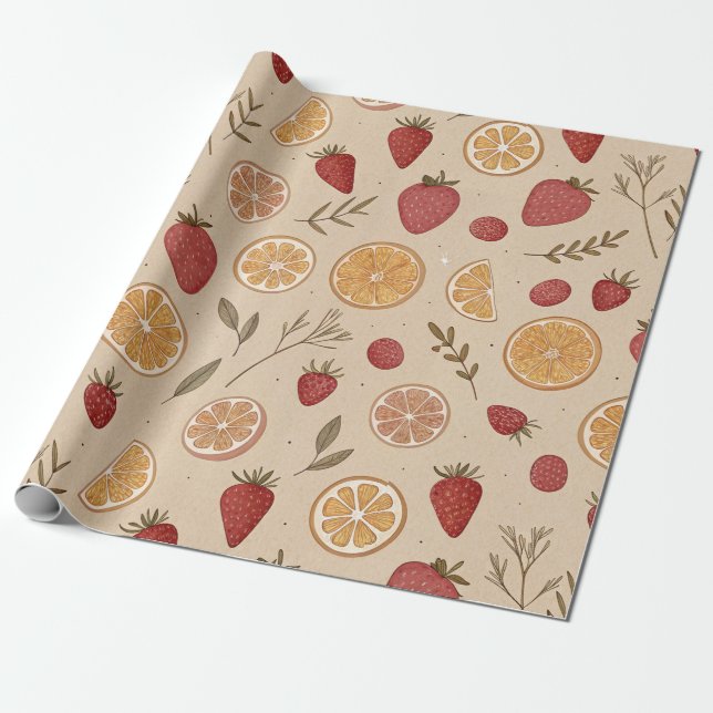 Rustic Strawberry & Citrus Earthy Pattern (5) Wrapping Paper (Unrolled)