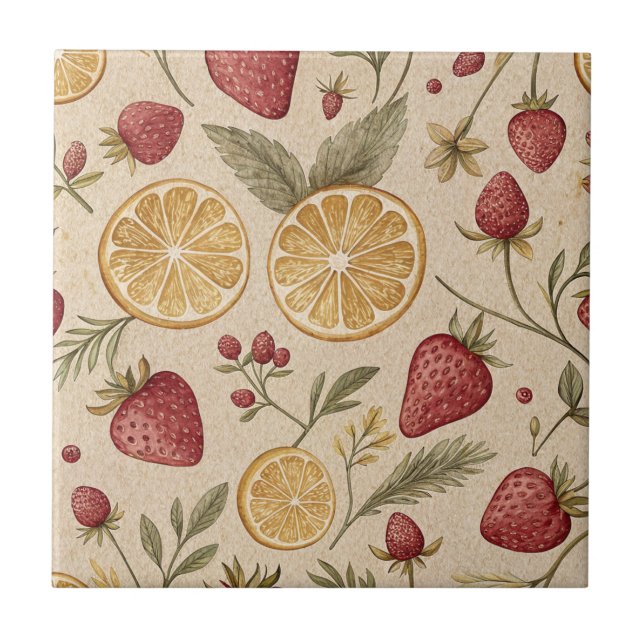 Rustic Strawberry & Citrus Earthy Pattern (9) Ceramic Tile (Front)