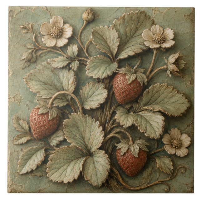 Rustic Strawberry Garden Faux Relief Ceramic Tile (Front)