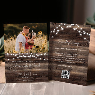 Rustic String Light Barn Wood QR Code RSVP Wedding Invitation