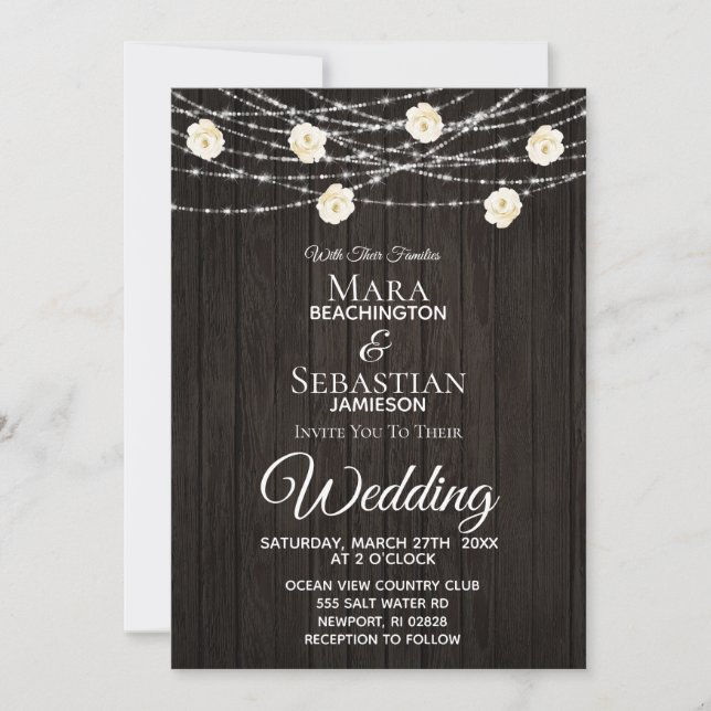 *~* Rustic String Light Floral Dark Wood Wedding Invitation (Front)