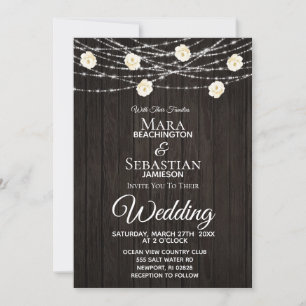 *~* Rustic String Light Floral Dark Wood Wedding Invitation