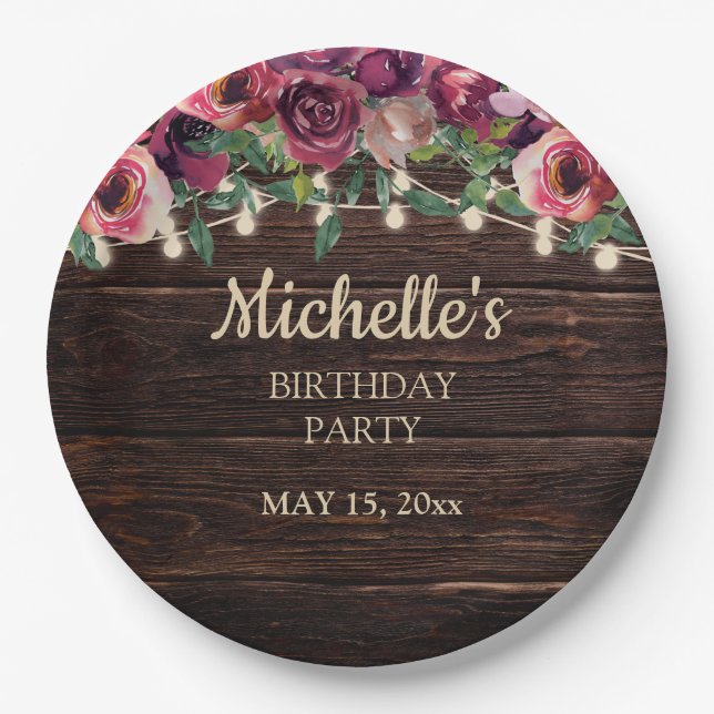 Rustic String Light Purple Floral Birthday Paper Plate (Front)