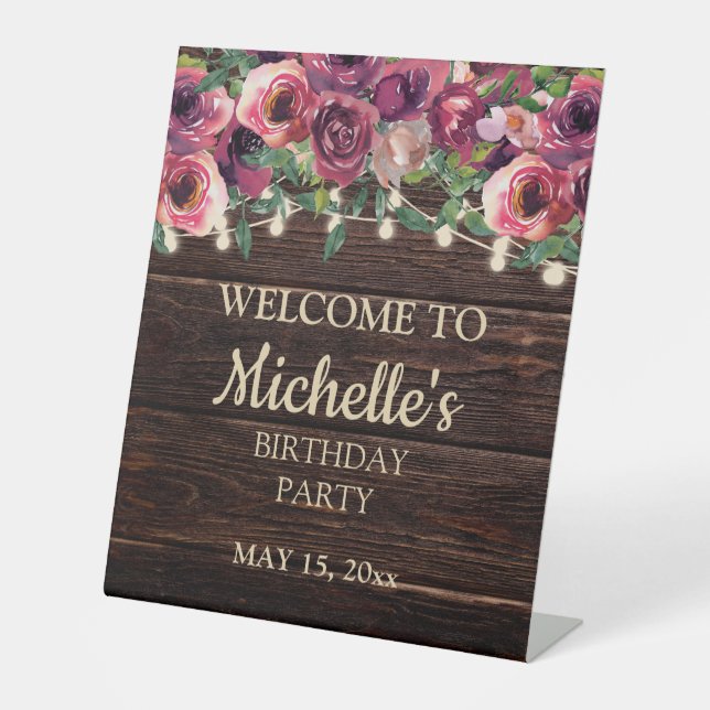 Rustic String Light Purple Floral Birthday Welcome Pedestal Sign (Front)