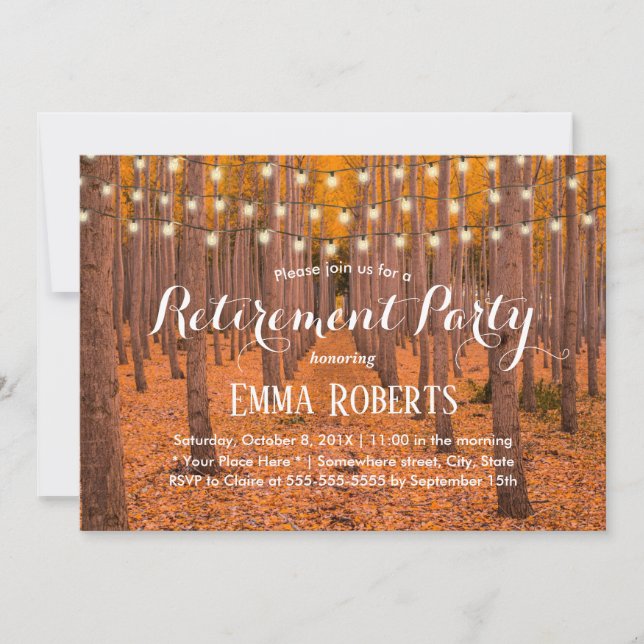 Rustic String Lights Autumn Woods Retirement Invitation (Front)