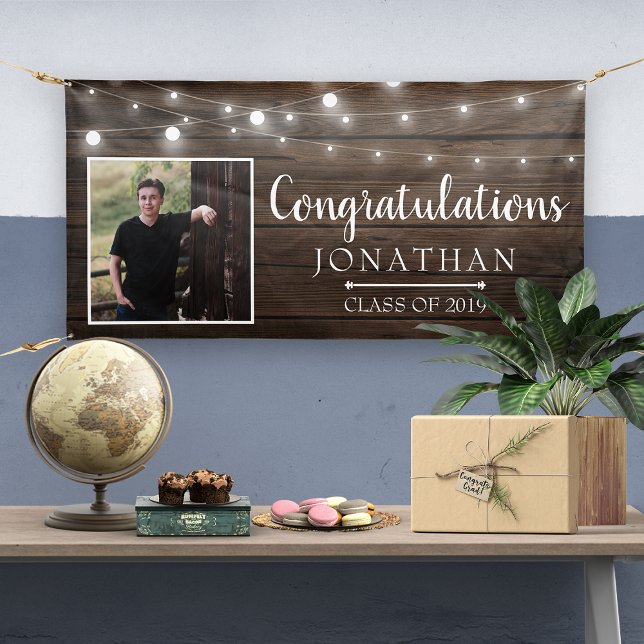 Rustic String Lights Barn Wood Graduation Banner (Creator Uploaded)