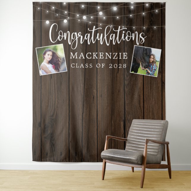 Rustic String Lights Barn Wood Graduation Photo Tapestry (In Situ)