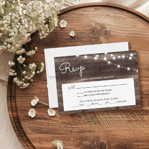 Rustic String Lights Barn Wood With Meal Choice RSVP Card