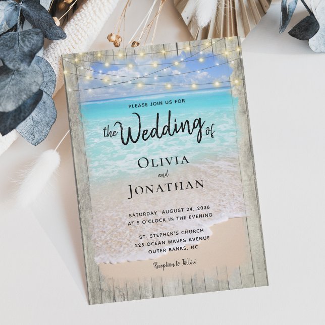 Rustic String Lights Beach Destination Wedding Invitation (Creator Uploaded)