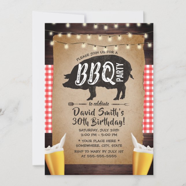 Rustic String Lights Beers BBQ Birthday Party Invitation (Front)