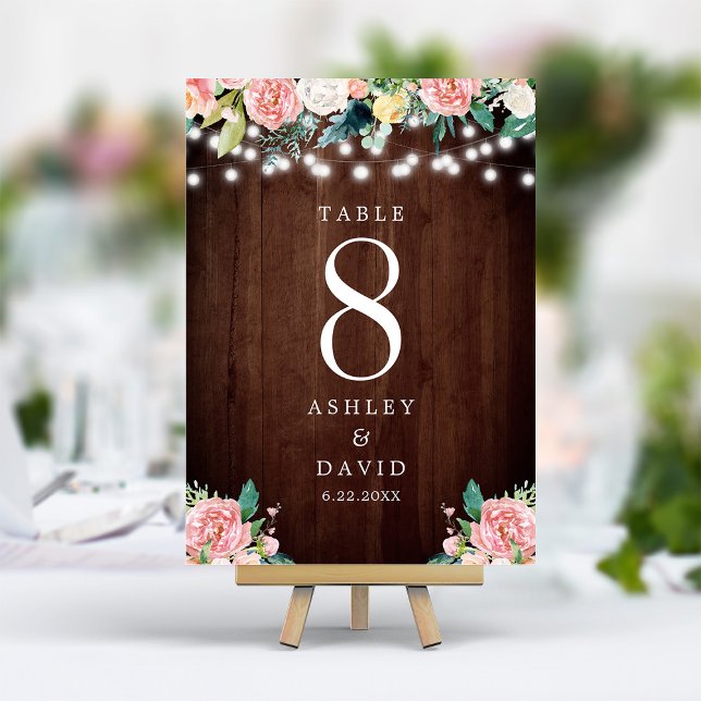 Rustic String Lights Blush Pink Floral Wedding Table Number (Creator Uploaded)