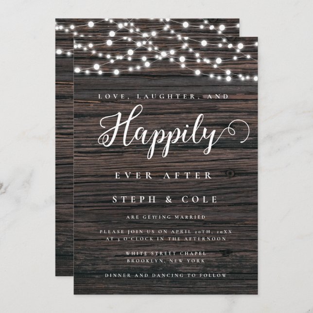 Rustic String Lights Boho Wood Wedding Invitation (Front/Back)
