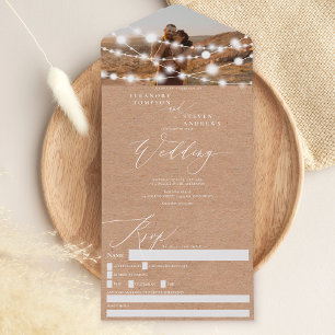 Rustic string lights brown kraft photo wedding all in one invitation
