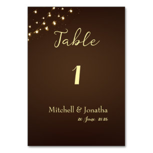 Rustic String Lights Brown Photo Wedding Table Number