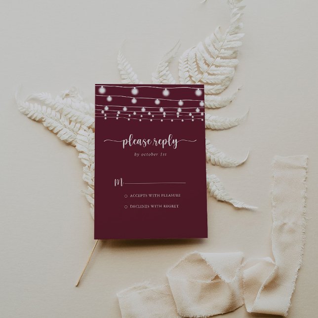 Rustic String Lights Burgundy Calligraphy RSVP Card (Creator Uploaded)