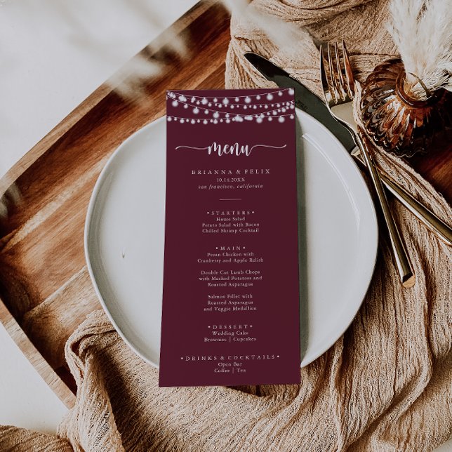 Rustic String Lights Burgundy Dinner Menu (Creator Uploaded)