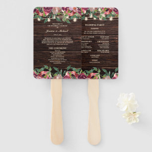 Rustic String Lights Burgundy Floral Program Hand Fan