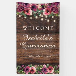 Rustic String Lights Burgundy Floral Quinceañera Banner