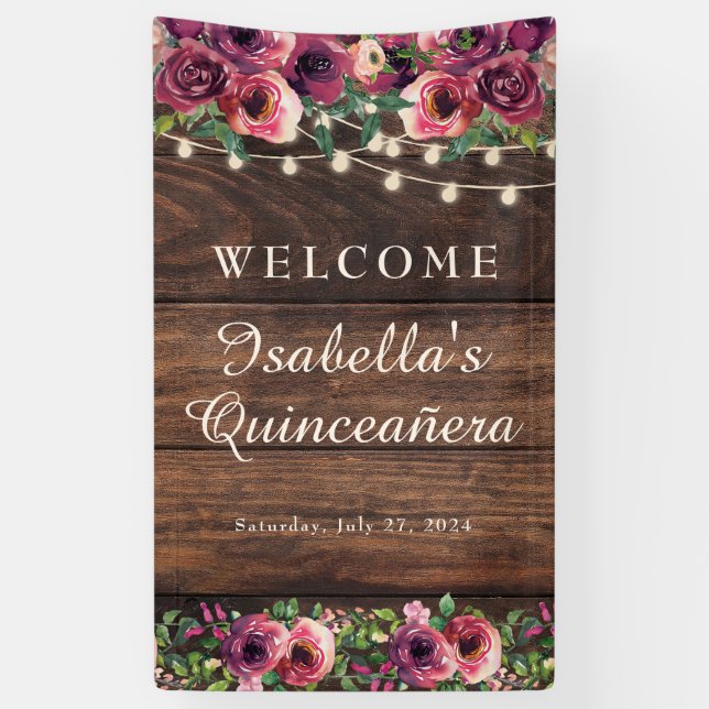 Rustic String Lights Burgundy Floral Quinceañera Banner (Vertical)