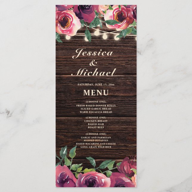 Rustic String Lights Burgundy Floral Wedding Menu (Front)