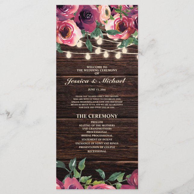 Rustic String Lights Burgundy Floral Wedding Program (Front)