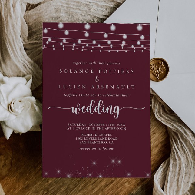 Rustic String Lights Burgundy Wedding   Invitation (Creator Uploaded)