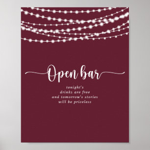 Rustic String lights Burgundy Wedding Open Bar  Poster