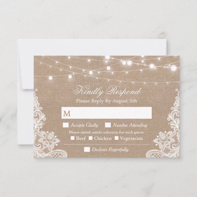 Rustic String Lights Burlap Lace Menu Choice RSVP (Front)
