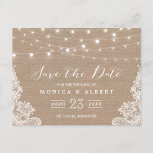 Rustic String Lights Burlap Lace Save the Date Announcement Postcard