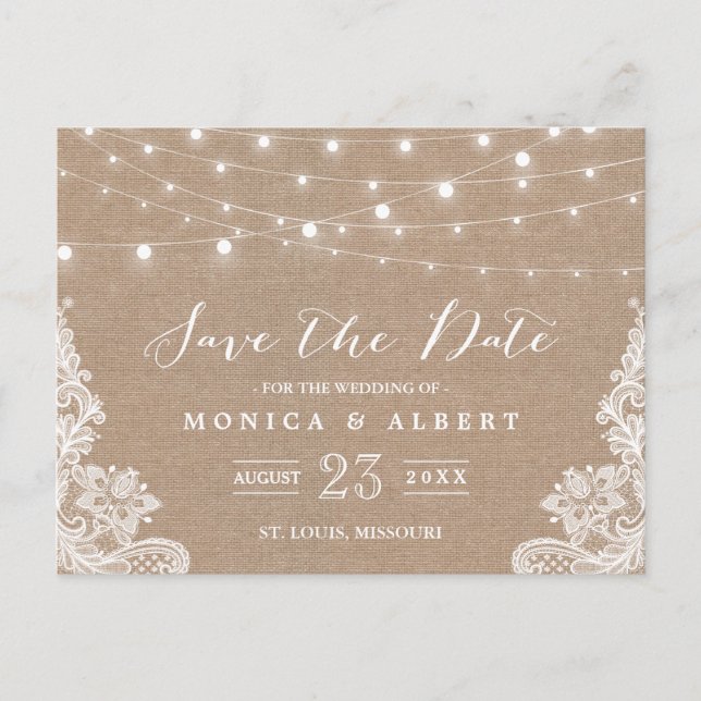 Rustic String Lights Burlap Lace | Save the Date Announcement Postcard (Front)