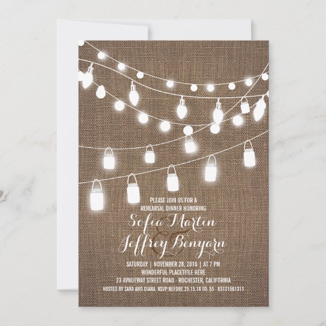 Rustic String Lights Burlap Rehearsal Dinner Invitation (Front)