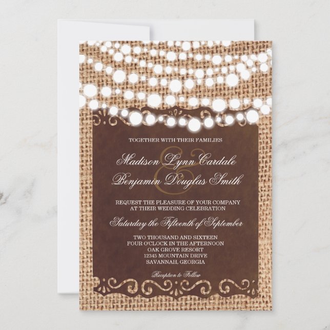 Rustic String Lights Burlap Wedding Invitations (Front)