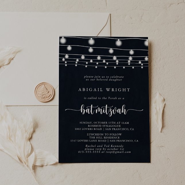 Rustic String Lights Calligraphy Bat Mitzvah Invitation (Creator Uploaded)