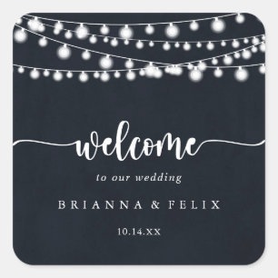 Rustic String Lights Calligraphy Wedding Welcome   Square Sticker