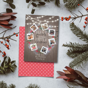 Rustic String Lights Christmas Wreath 7 Photo Holiday Card