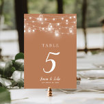 Rustic String Lights Double Sided Wedding Table Nu Table Number<br><div class="desc">Affordable printed wedding table number cards with a simple DIY template for customisation. This rustic chic design features strands of glowing string lights and mason jars on a rust orange background. Personalise each table number that you need and add each to your cart individually (note: adding a bulk number of...</div>