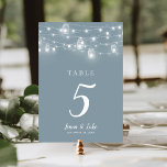 Rustic String Lights Double Sided Wedding Table Number<br><div class="desc">Affordable printed wedding table number cards with a simple DIY template for customisation. This rustic chic design features strands of glowing string lights and mason jars on a dusty blue background. Personalise each table number that you need and add each to your cart individually (note: adding a bulk number of...</div>