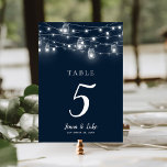 Rustic String Lights Double Sided Wedding Table Number<br><div class="desc">Affordable printed wedding table number cards with a simple DIY template for customisation. This rustic chic design features strands of glowing string lights and mason jars on a dark navy blue background. Personalise each table number that you need and add each to your cart individually (note: adding a bulk number...</div>