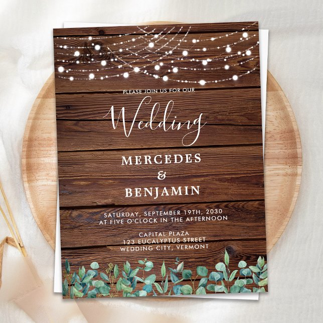 Rustic String Lights Eucalyptus County Wedding Invitation Postcard (Creator Uploaded)