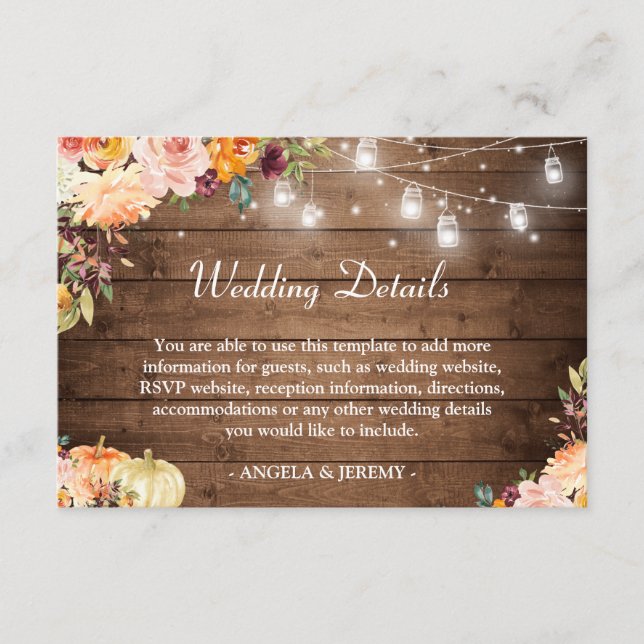 Rustic String Lights Floral Autumn Wedding Details Enclosure Card (Front)