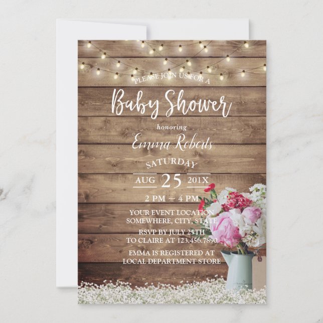 Rustic String Lights & Floral Bouquet Baby Shower Invitation (Front)