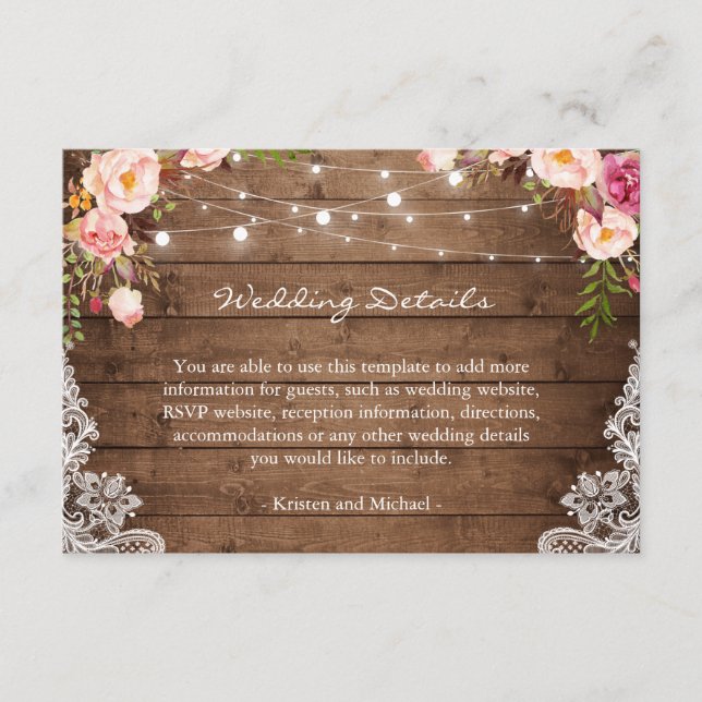 Rustic String Lights Floral Lace Wedding Details Enclosure Card (Front)